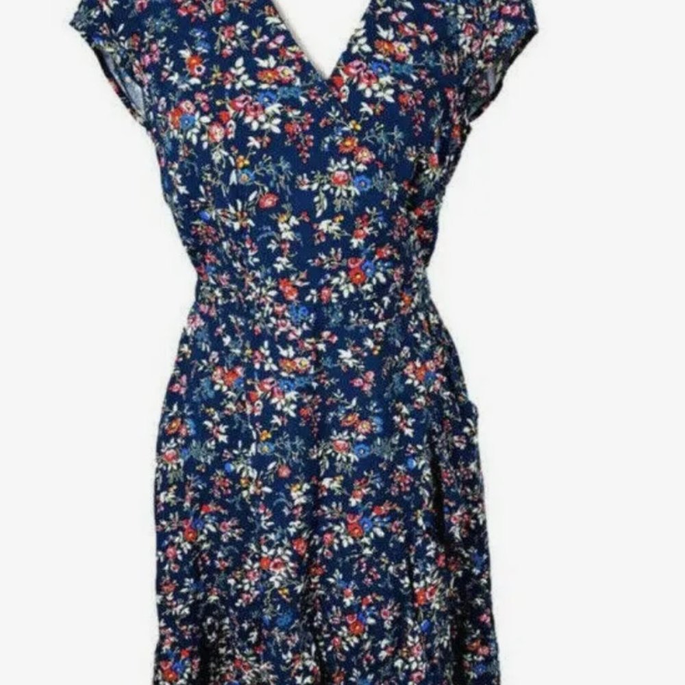 Ruffle Front Navy Blue Floral Faux Wrap Dress